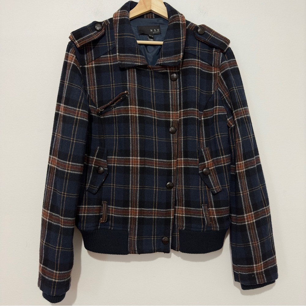 Mango Plaid Wool Blend Jacket Size XL Brown Full Zip
